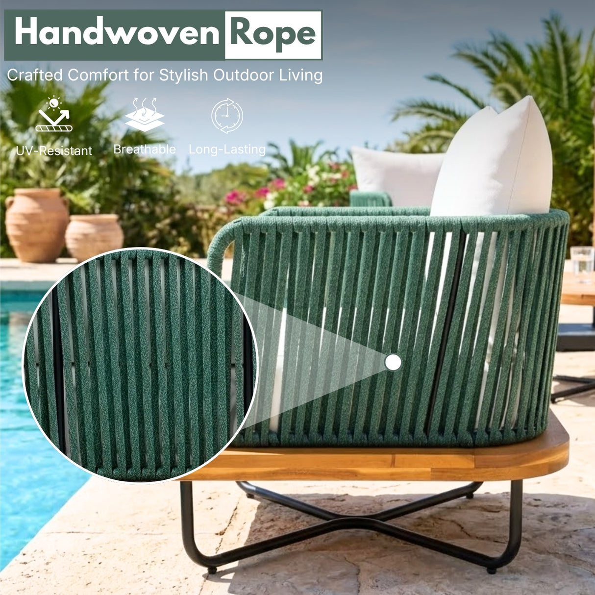 Outdoor Rope Sofa with Wooden Base (Green & White)
