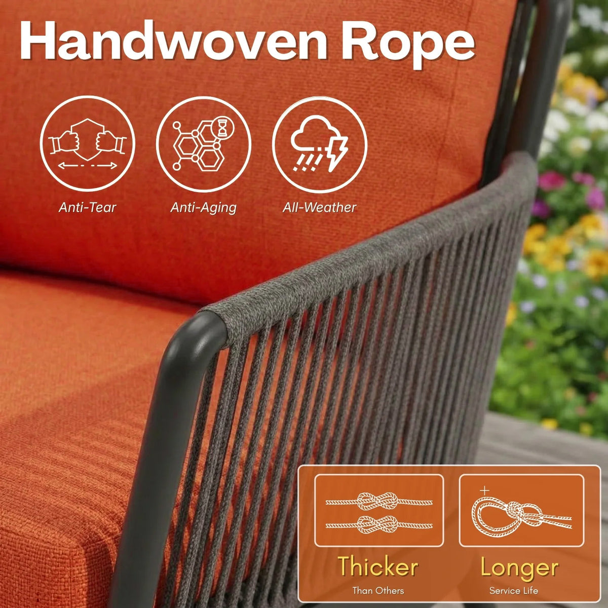 4-Piece Outdoor Rope Patio Furniture Set with Glass Top Table (Grey & Orange)