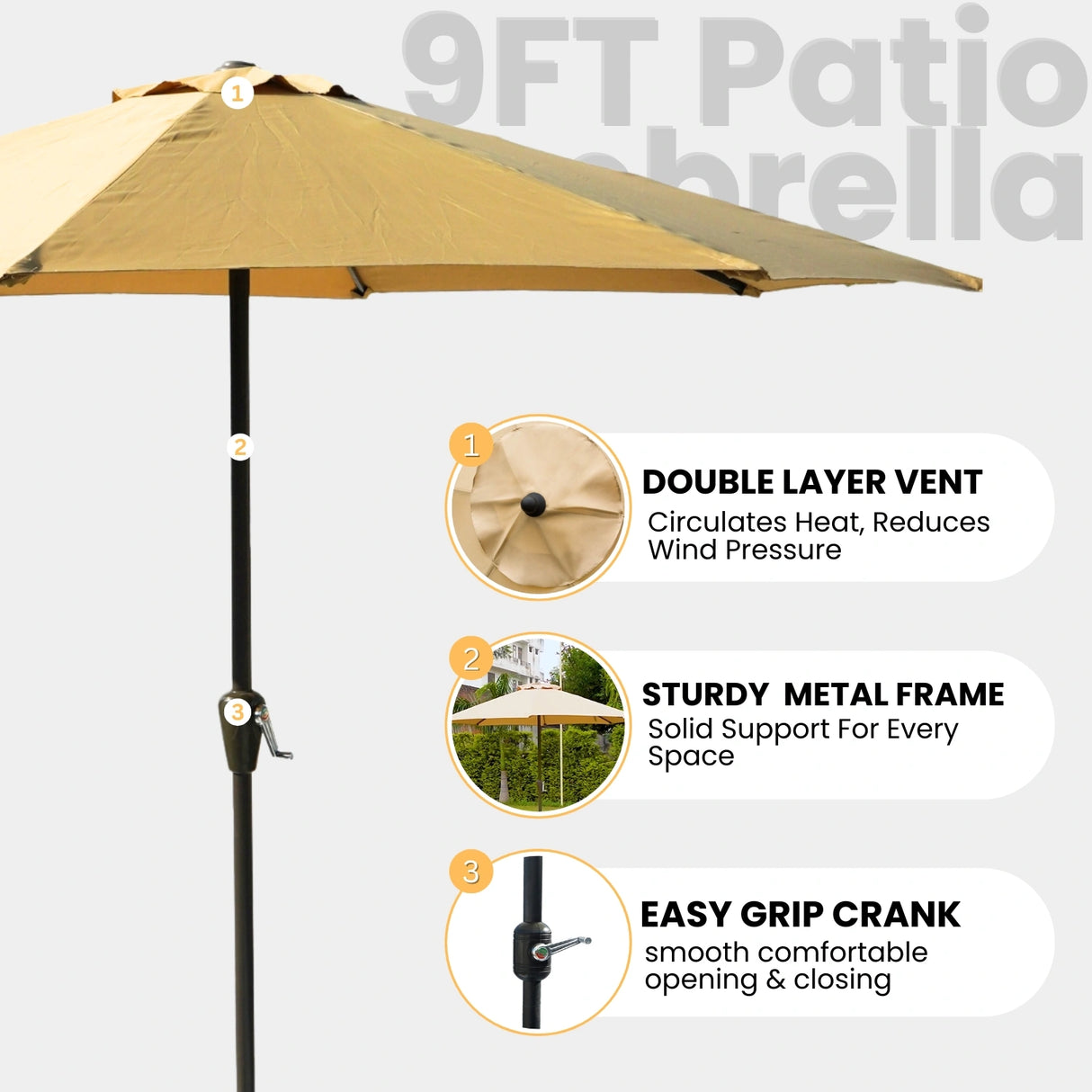 9ft Beige Color Outdoor Patio Umbrella with Centre Pole