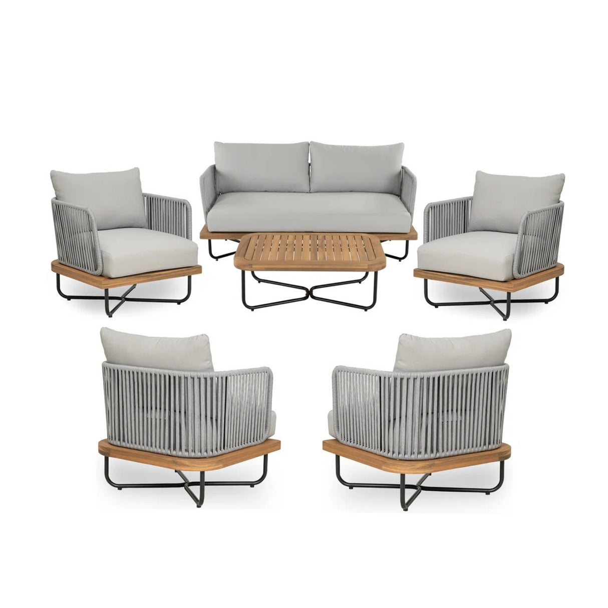 Outdoor 6-Piece Rope Woven Conversation Sofa Set with Wooden Top Table