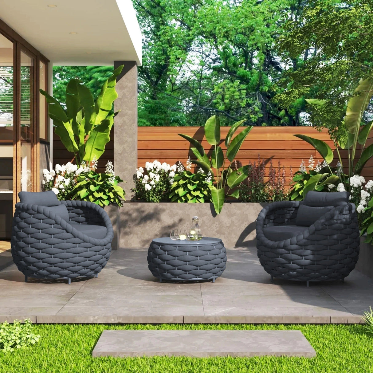 Bird’s Nest Shape 3-Piece Hand-Woven Rope Patio Set