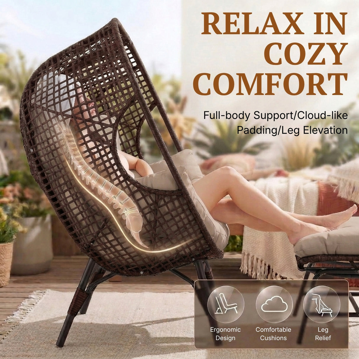 4-Piece Outdoor Wicker Egg Chair Set with Ottomans (Dark Brown & Cream)