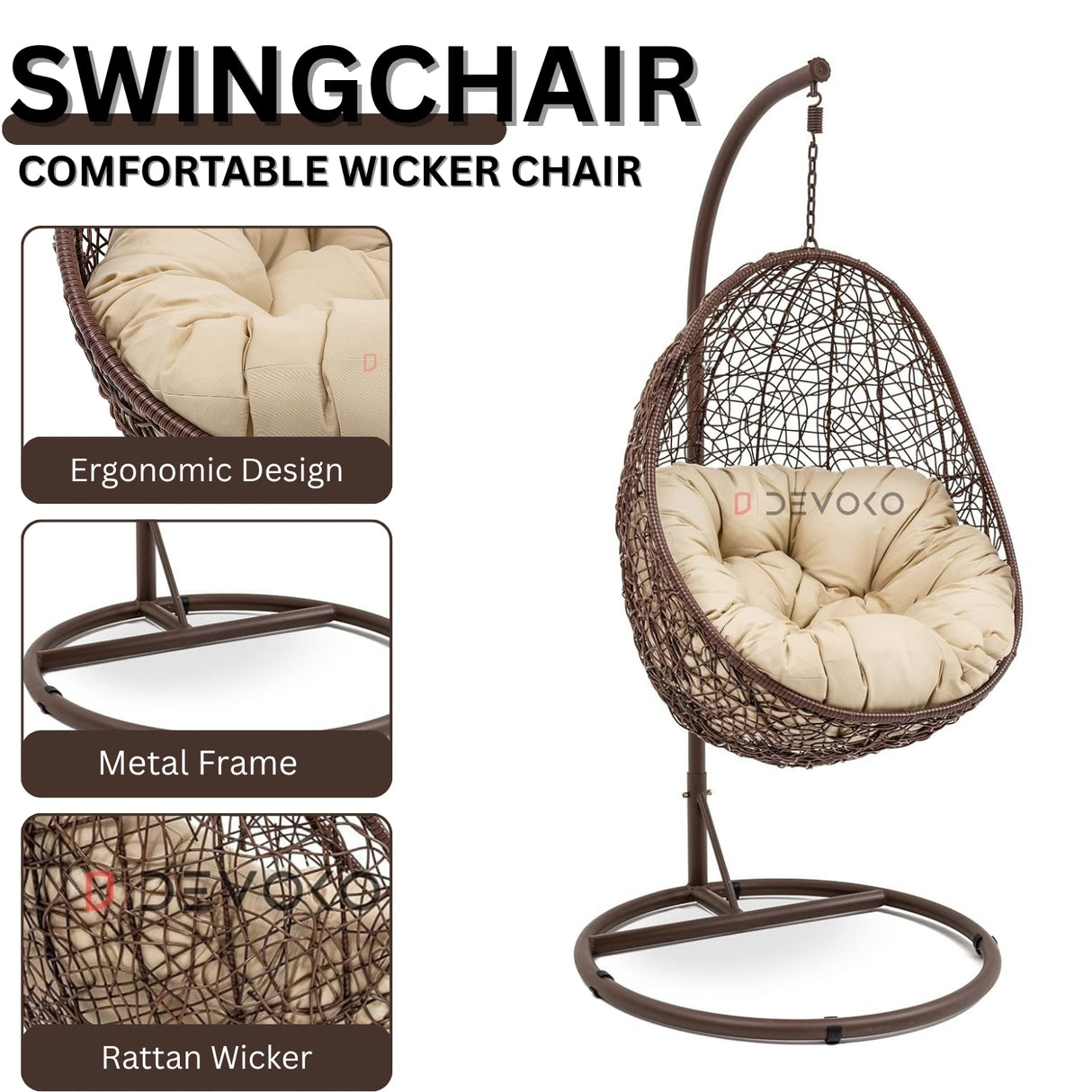 Single Seater Rattan & Wicker Swing (Brown & Cream)