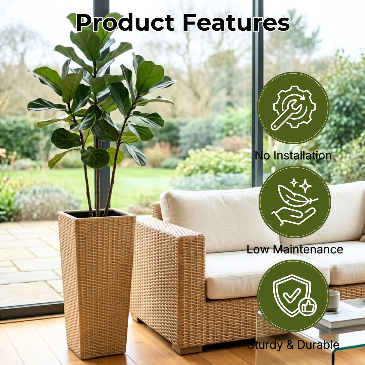 2-Piece Outdoor Rattan Wicker Tall Square Planters (Beige)