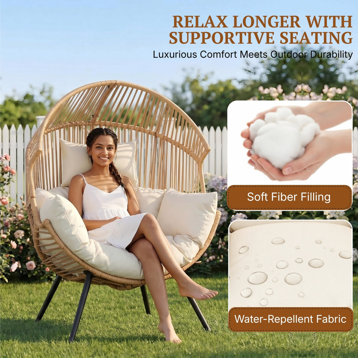 Outdoor Wicker Egg Chair with Plush Cushions (Beige & Off-White)