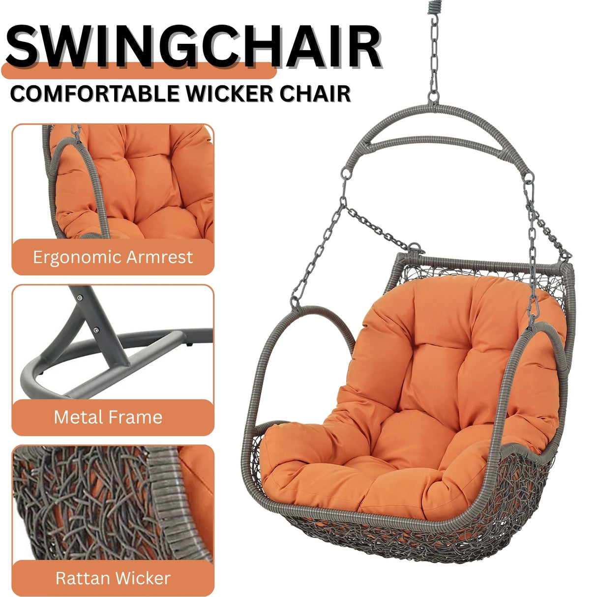 Outdoor Rattan Wicker Hanging Swing Chair with Cushion