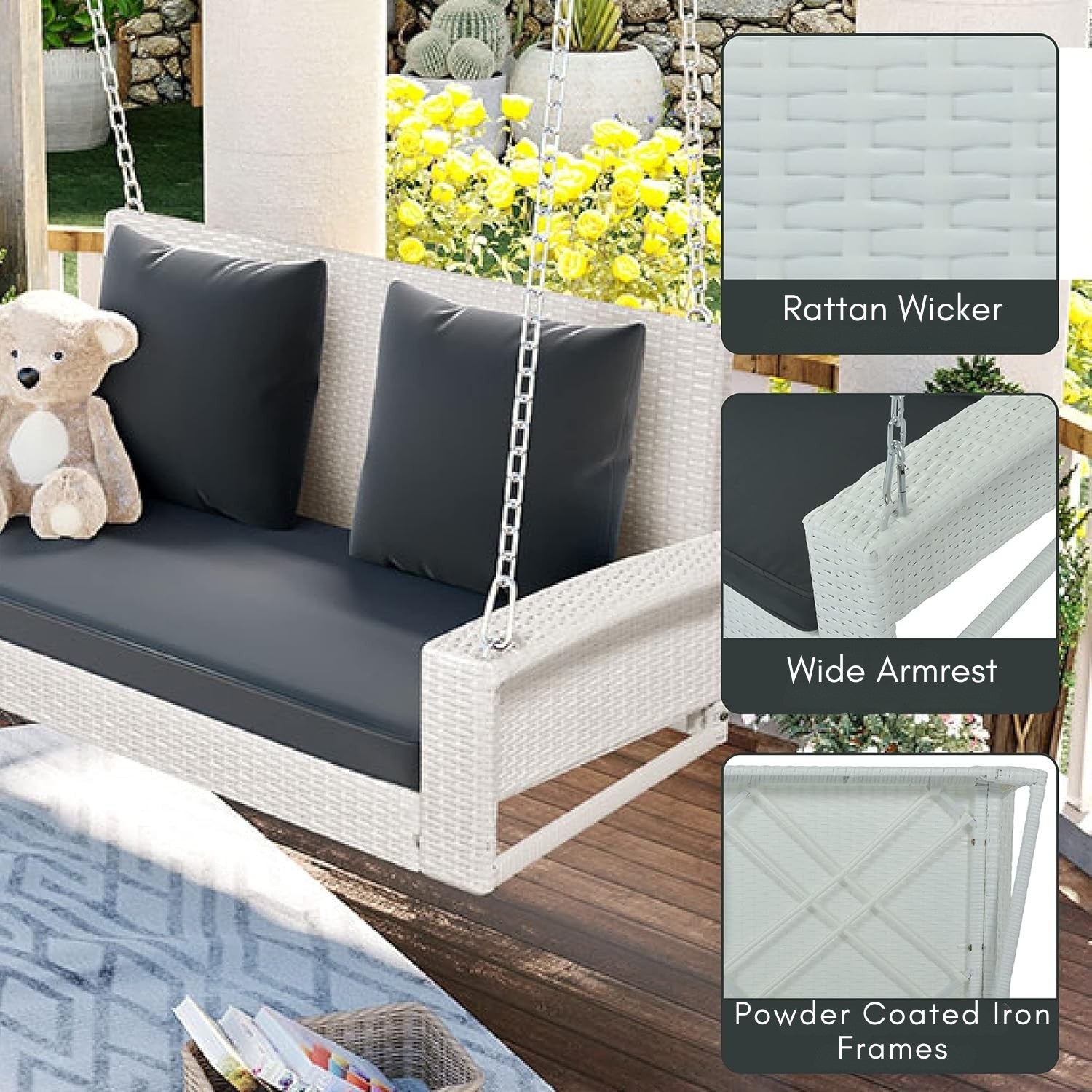 White Rattan Wicker Two Seater Sofa Swing