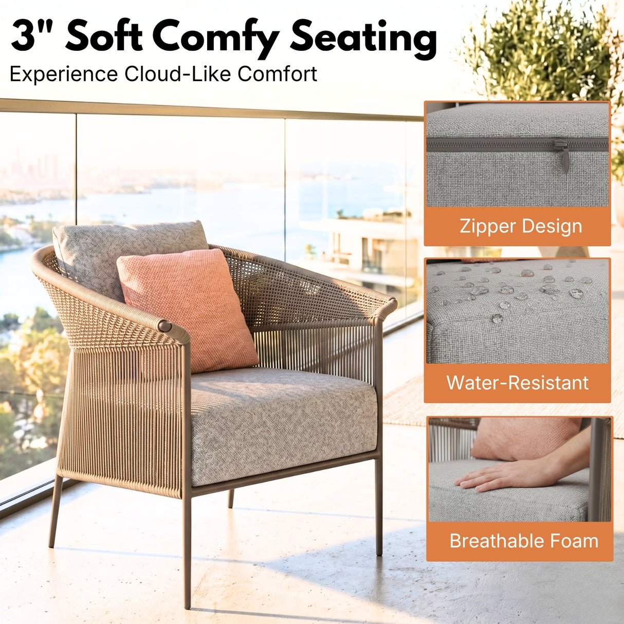 Outdoor Rope Patio Sofa Set with Cushions & Wooden Top Tables