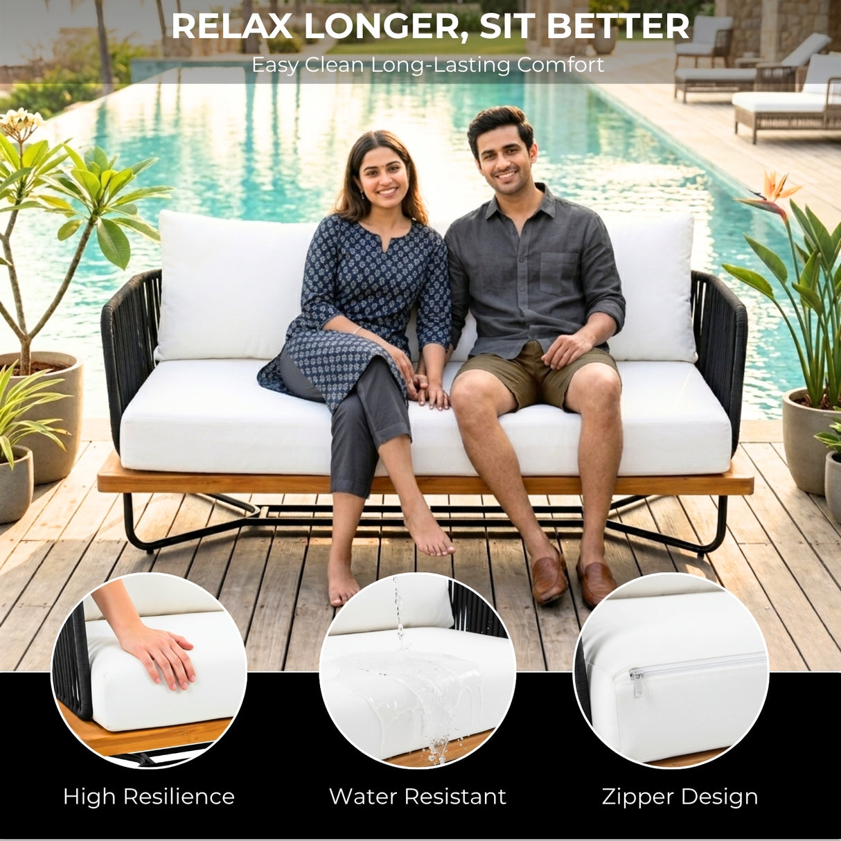 Outdoor Rope 2-Seater Sofa Set with Wooden Base & Slatted Wooden Coffee Table