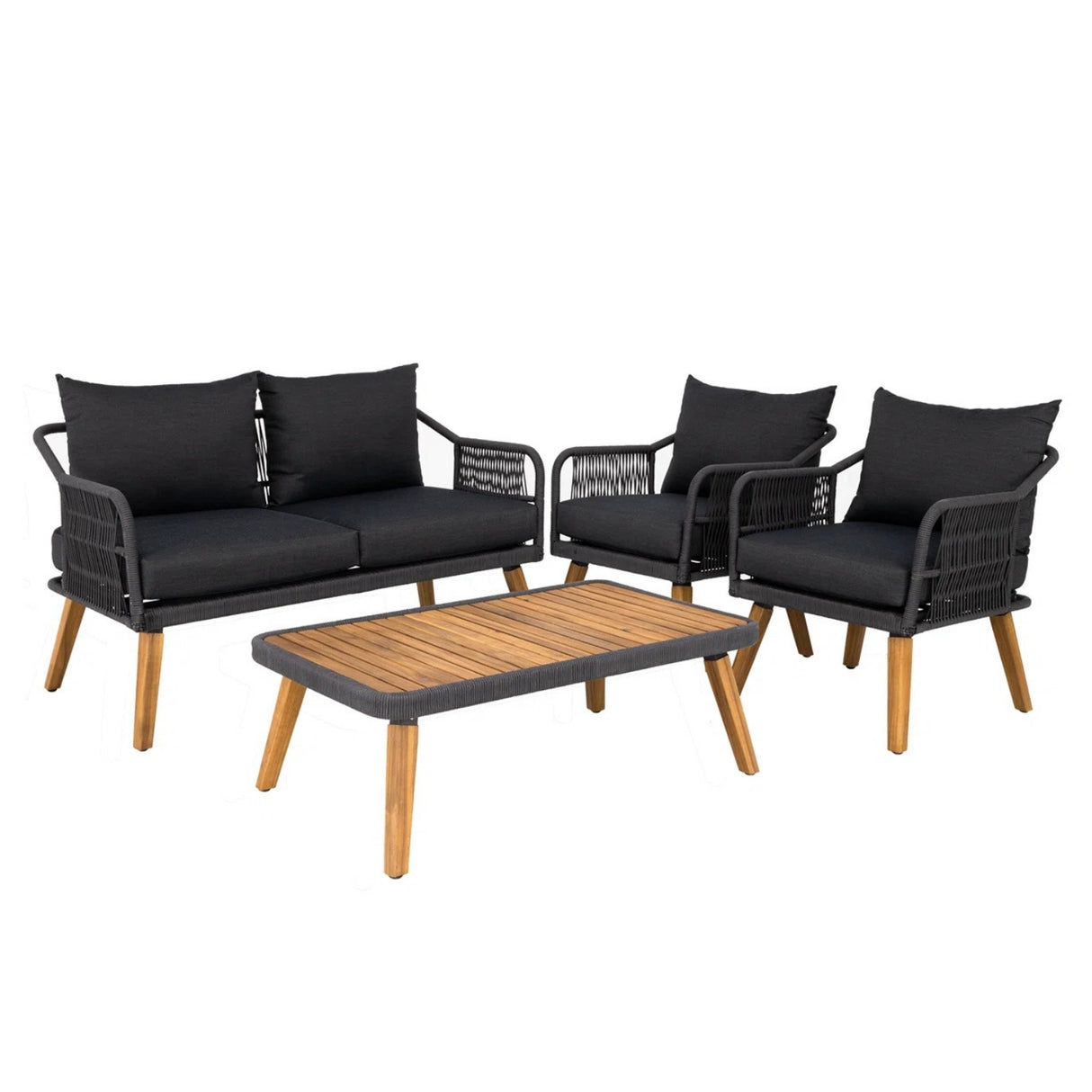 4-Piece Outdoor Rope Patio Furniture Set with Wood-Top Table