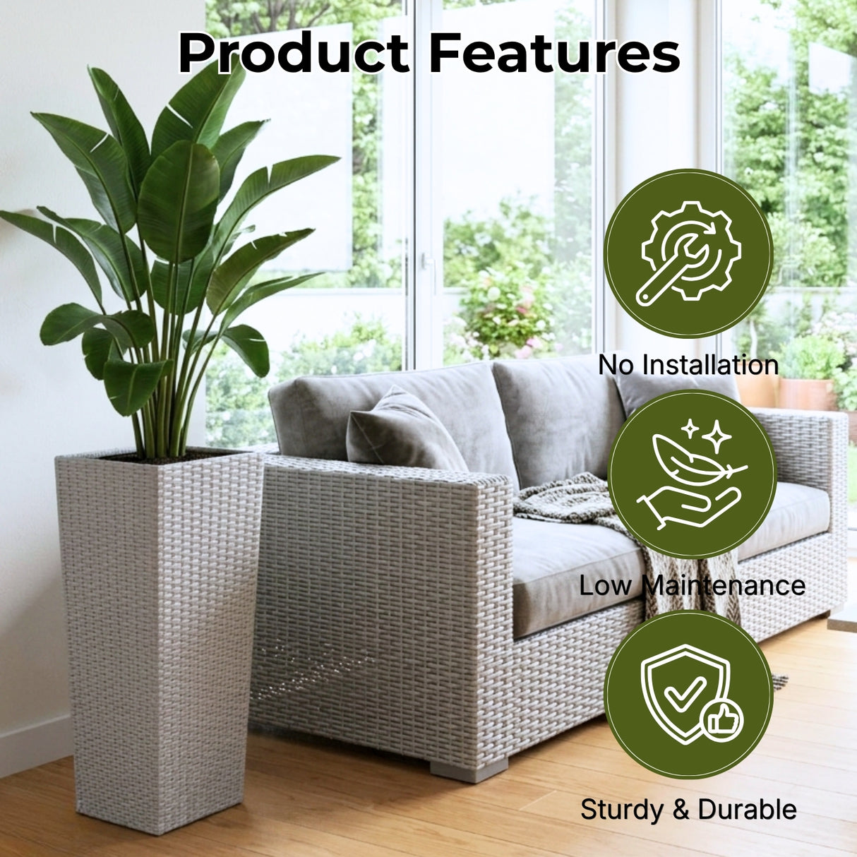 2-Piece Outdoor Rattan Wicker Tall Square Planters (Silver Grey)