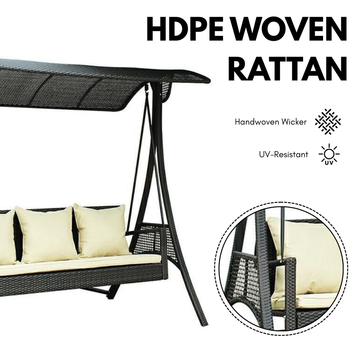 All-Weather Outdoor Rattan Wicker 3-Seat Patio Swing Chair with Shade