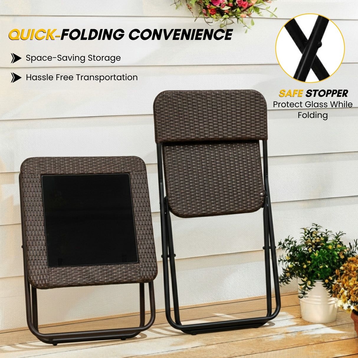 3-Piece Outdoor Wicker Folding Patio Set (Dark Brown)