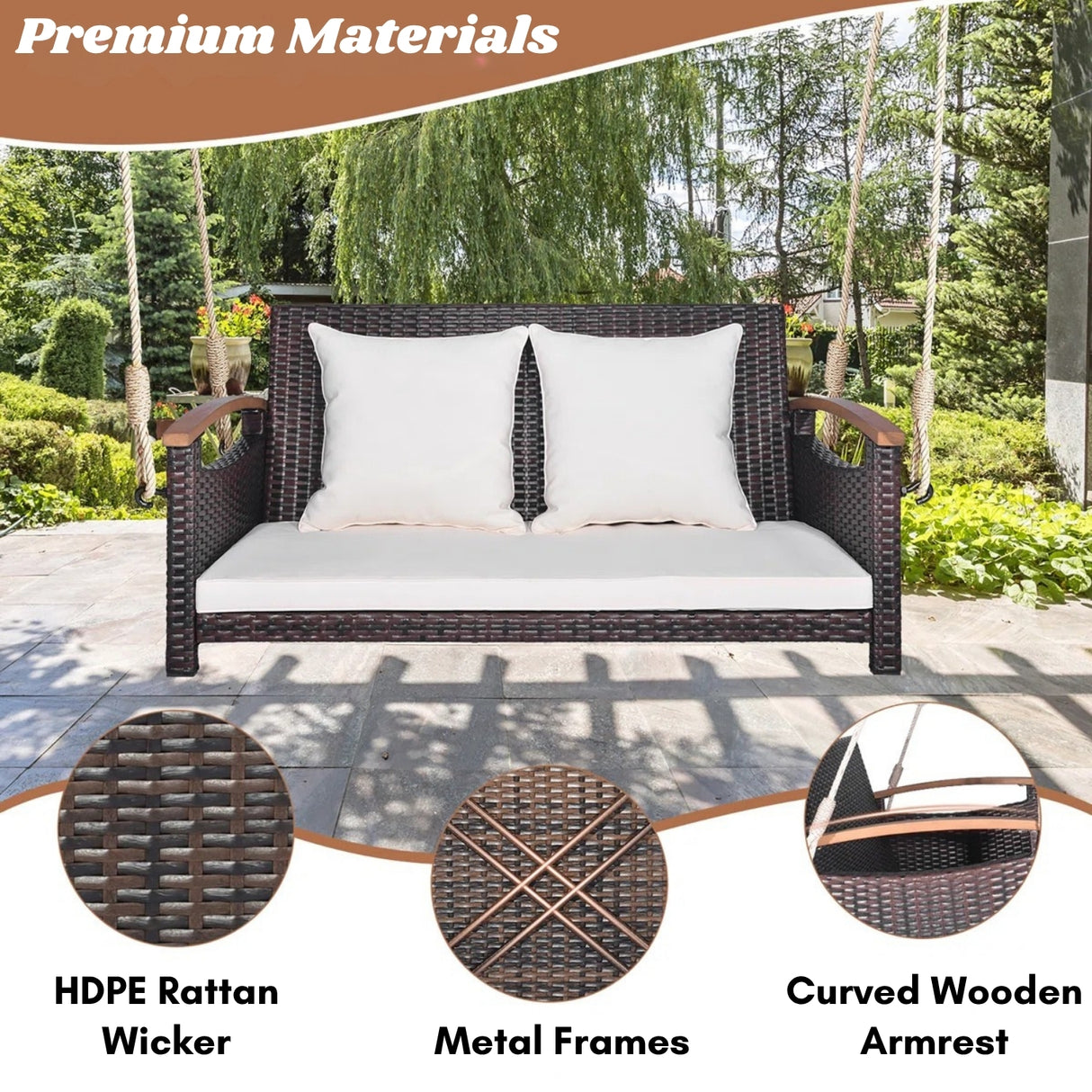 Outdoor Dark Brown Rattan Wicker Two Seater Sofa Swing