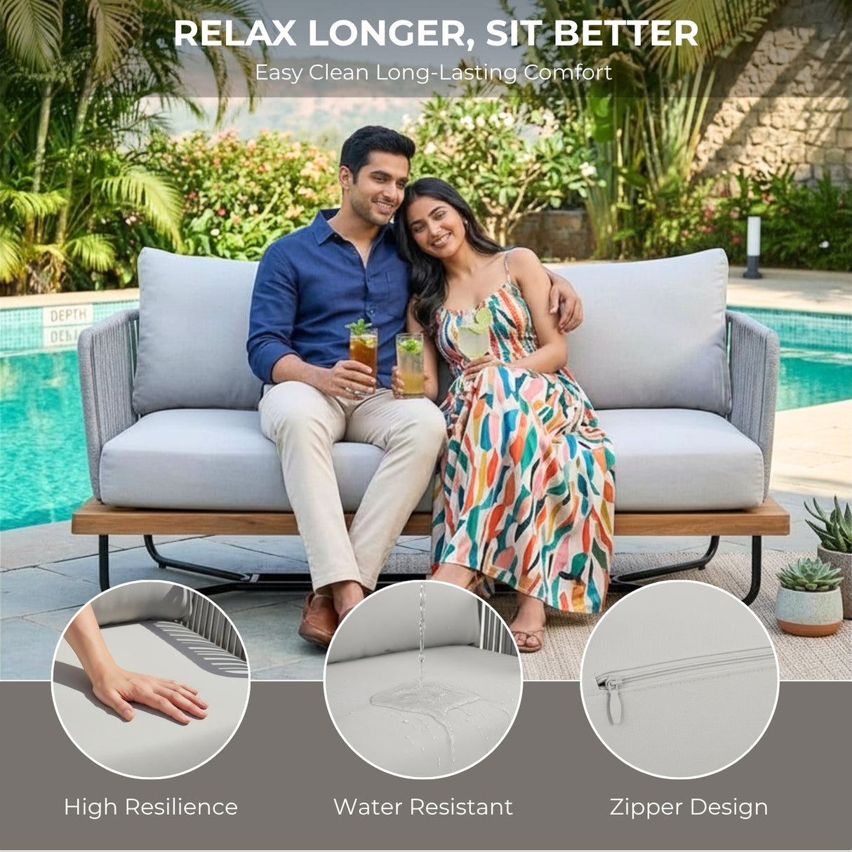 Outdoor Rope 2-Seater Sofa Set with Wooden Base & Slatted Wooden Coffee Table