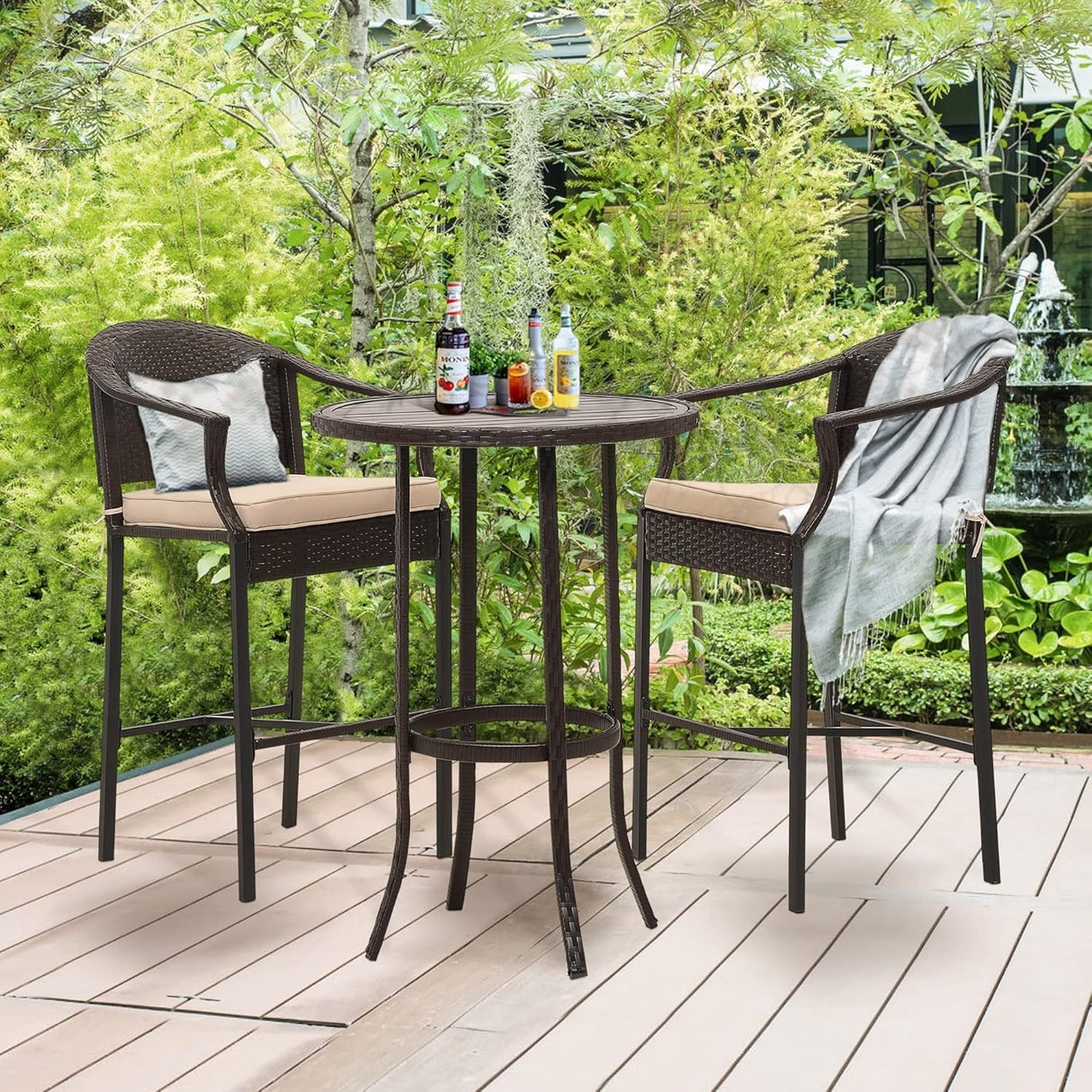 Outdoor Rattan Wicker Bar Set with Round Table