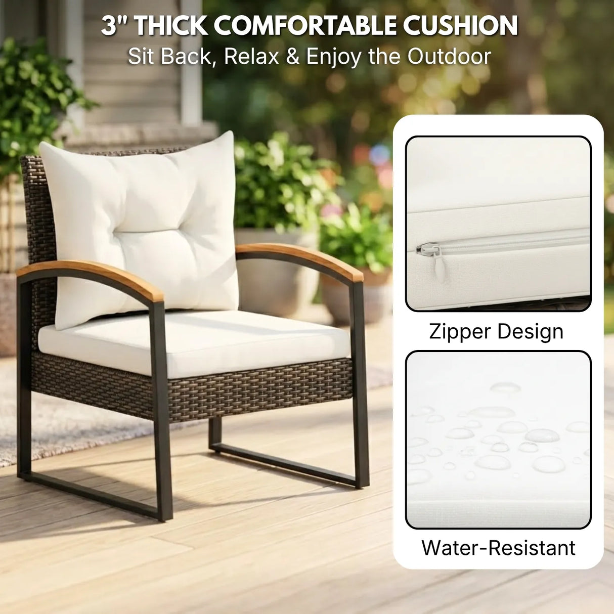 Outdoor Wicker Patio Chair Set with Wooden Armrests & Table