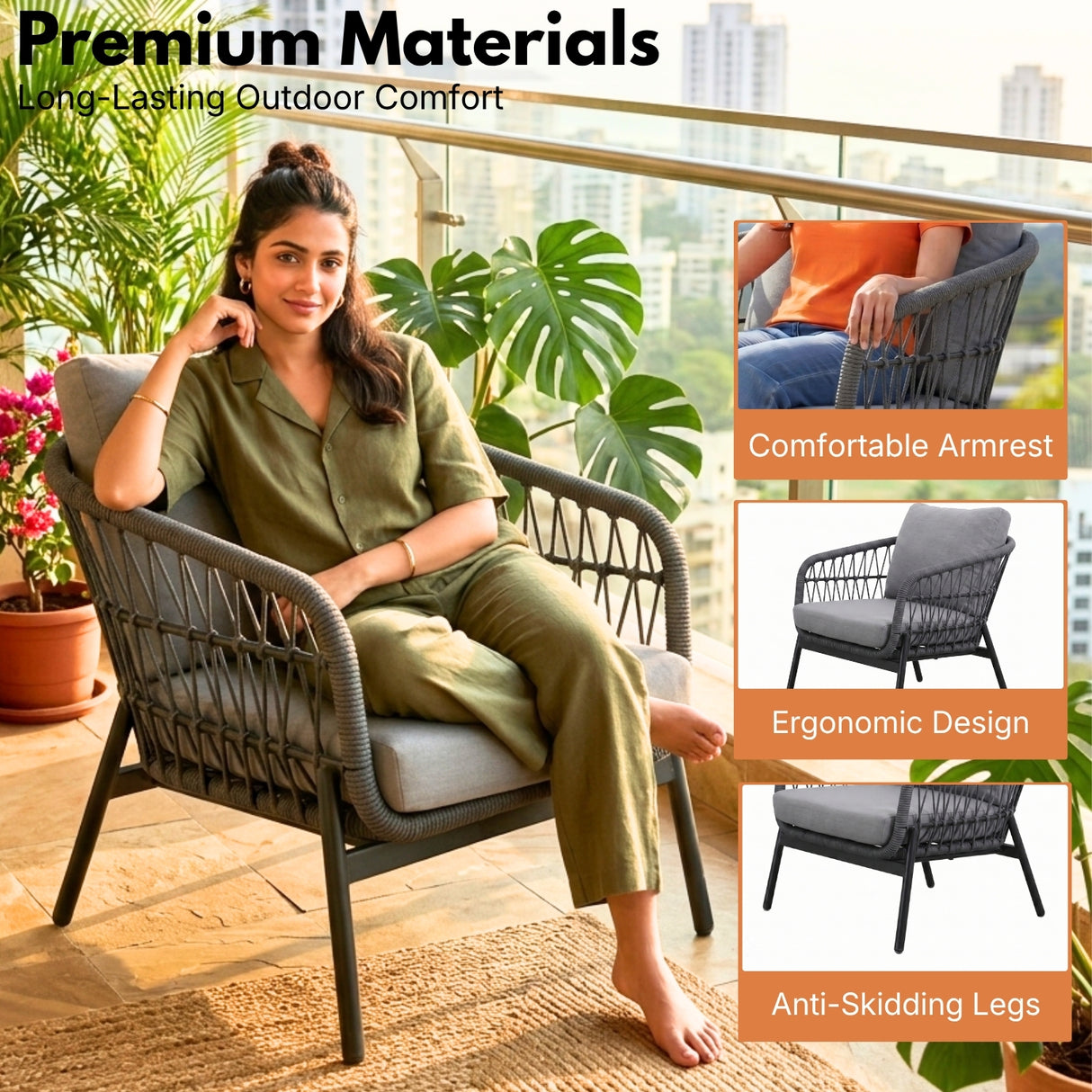 Outdoor 5 Seater Rope Conversation Sofa Set (Grey)