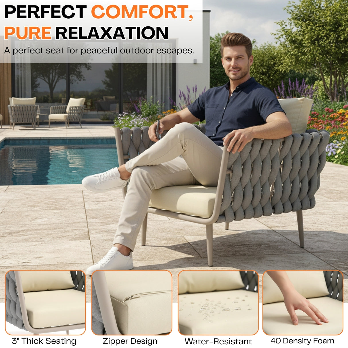 4-Piece Outdoor Rope Sofa Set With Glass Top Table (Grey & Cream)