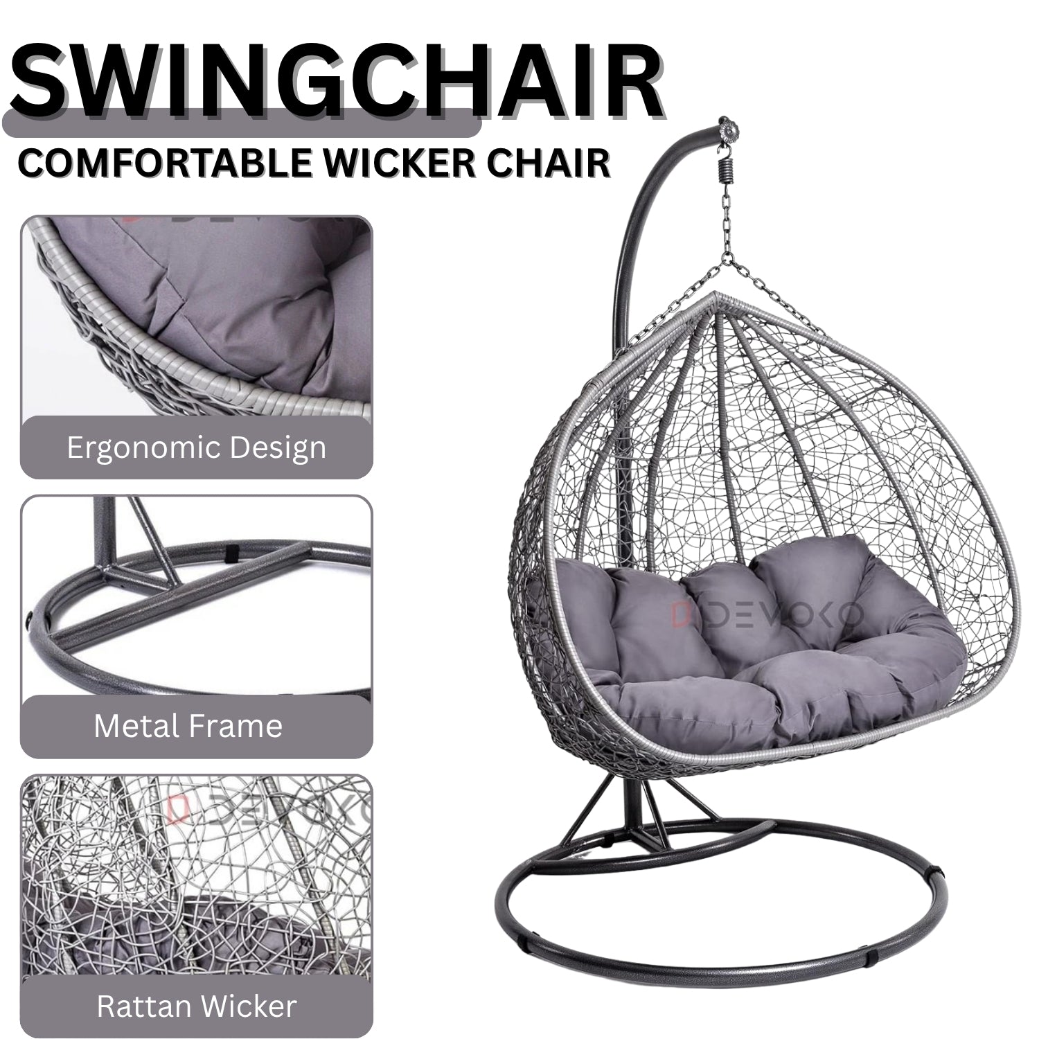 Double Seater Rattan & Wicker Swing (Grey)