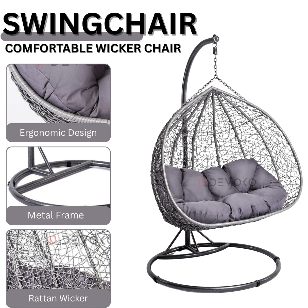Double Seater Rattan & Wicker Swing (Grey)