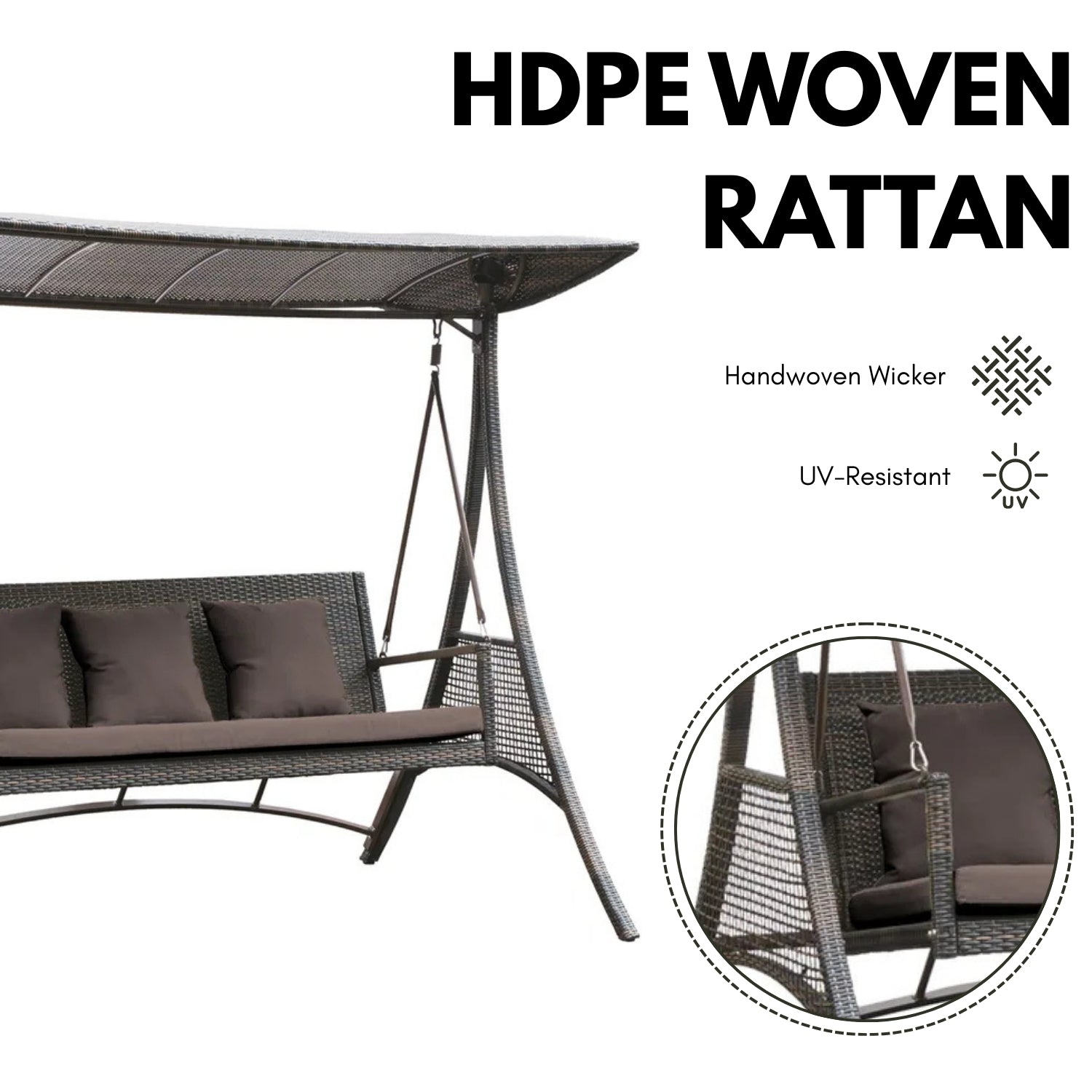 Outdoor Rattan Wicker 3-Seat Patio Swing Chair with Shade