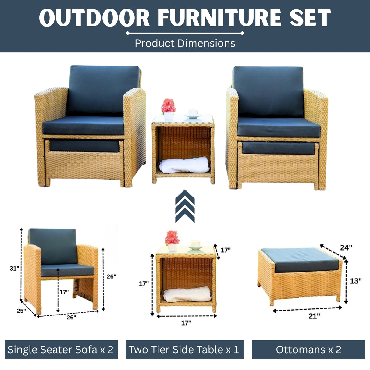 Outdoor 5 Piece Patio Wicker All Weather Sectional Furniture Set