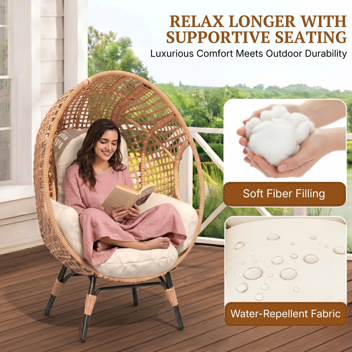 Outdoor Wicker Egg Chair with Cushions (Beige)