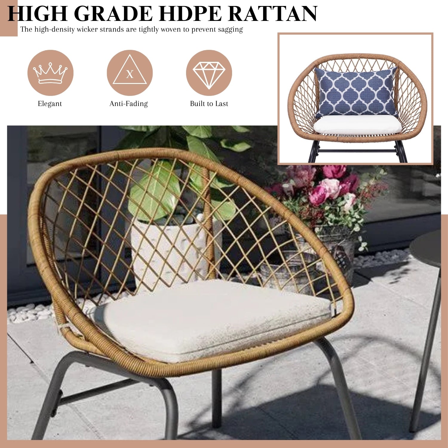 Outdoor Wicker 3-Piece Patio Set (Beige & White)