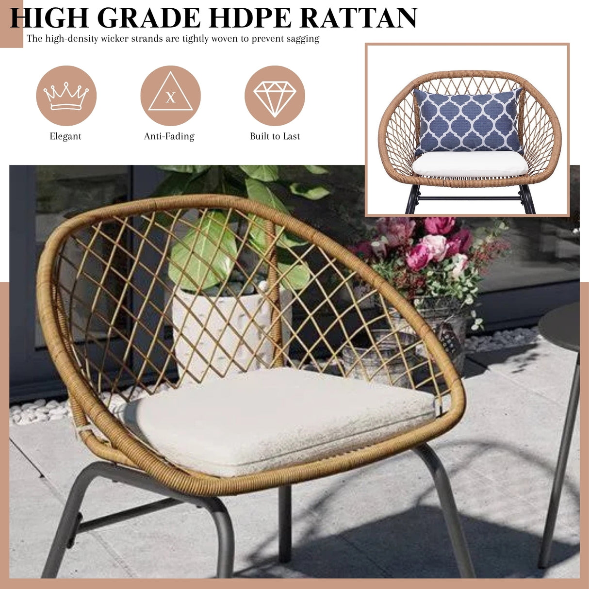 Outdoor Wicker 3-Piece Patio Set (Beige & White)