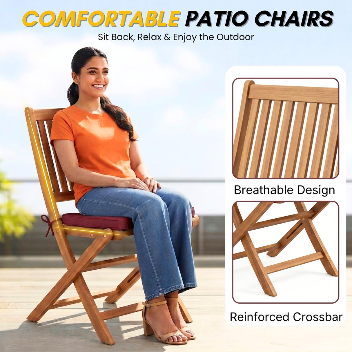 Acacia Wood Foldable Outdoor Bistro Set – 2 Chairs & Round Table