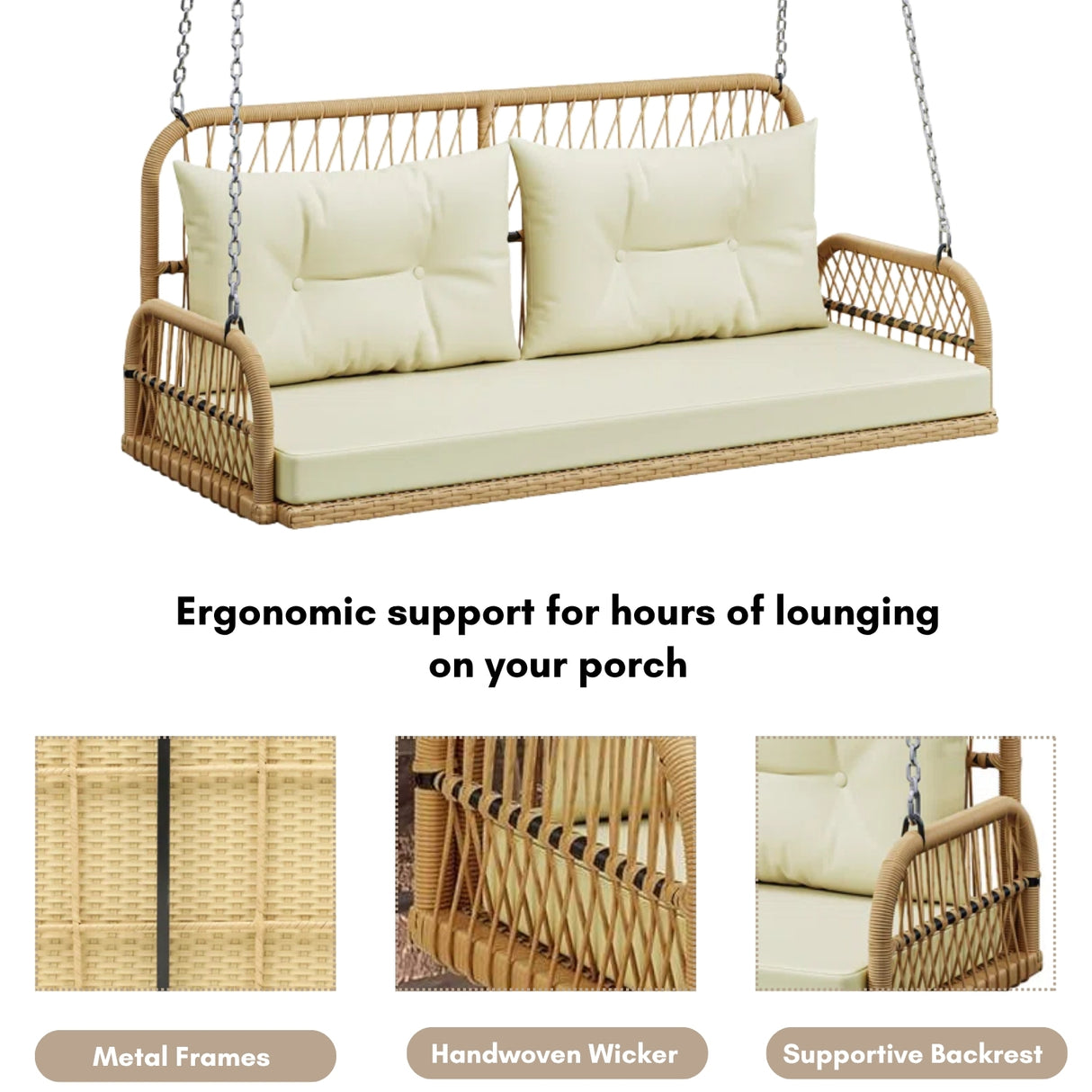 Outdoor Beige Rattan Wicker Two Seater Sofa Swing