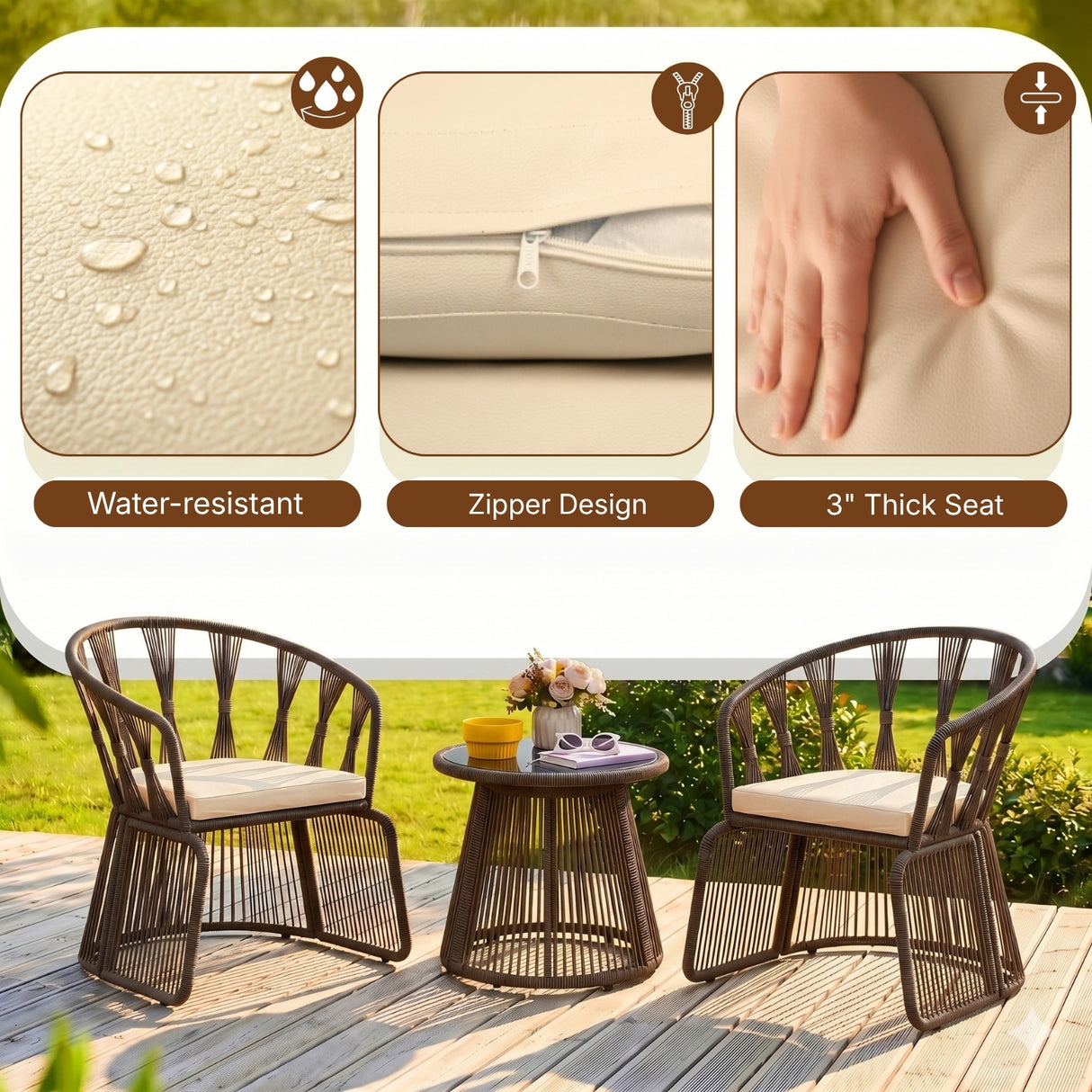Outdoor Rope 3-Piece Patio Set (Brown & Cream)