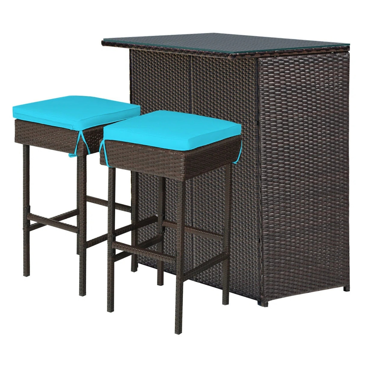 Outdoor Wicker Bar Set with Glass Top, 2 Cushioned Stools