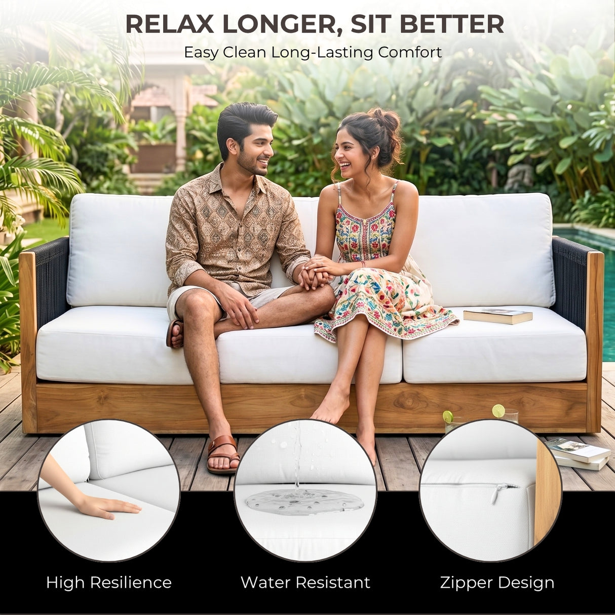 Outdoor Teak Wood Rope 3 Seater Sofa Set with 2-Tier Center Table