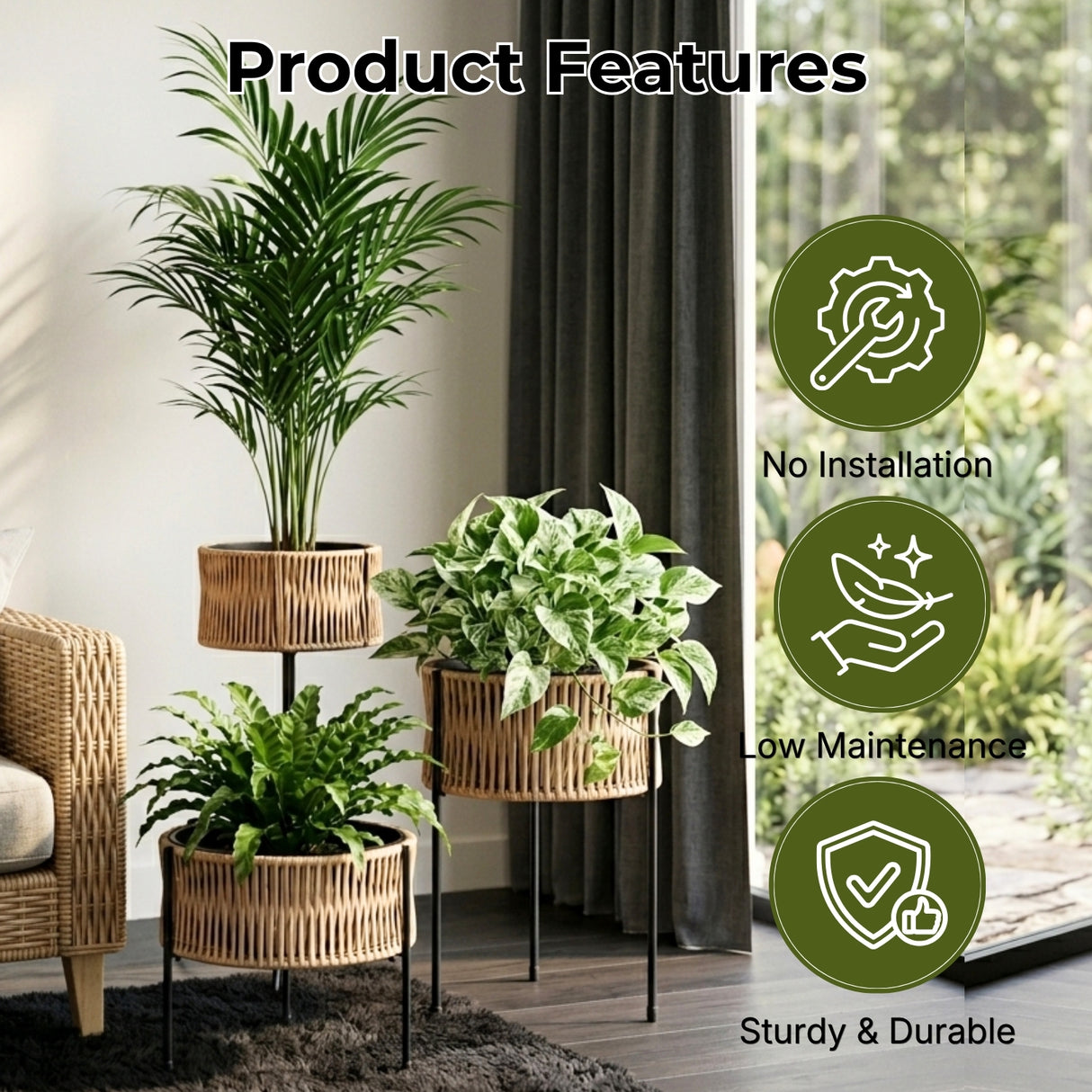 Outdoor Rattan Wicker Planter Set of 3 (Beige)