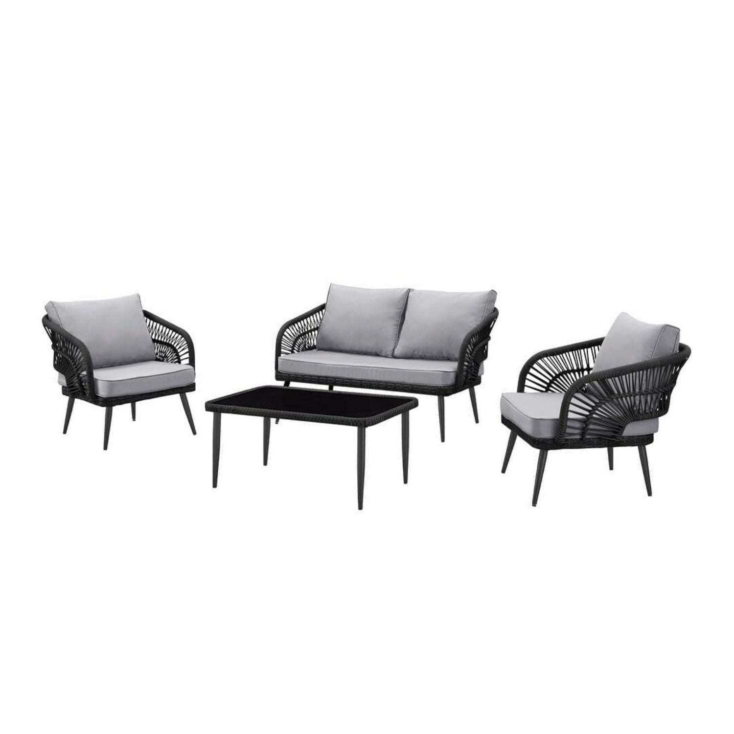 Outdoor Rope 4-Piece Patio Sofa Set with Glass Top Table (Black/Light Grey)