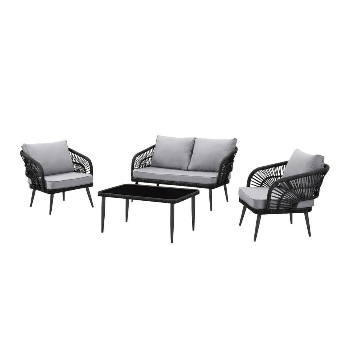 Outdoor Rope 4-Piece Patio Sofa Set with Glass Top Table (Black/Light Grey)
