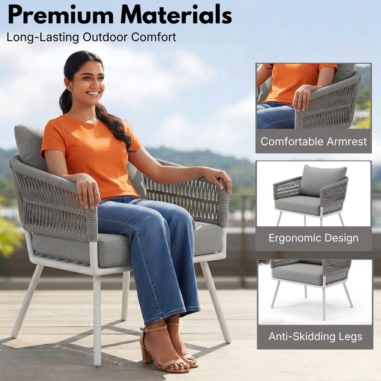 Outdoor Rope Sofa Set with Wooden Top Center Table (Grey)