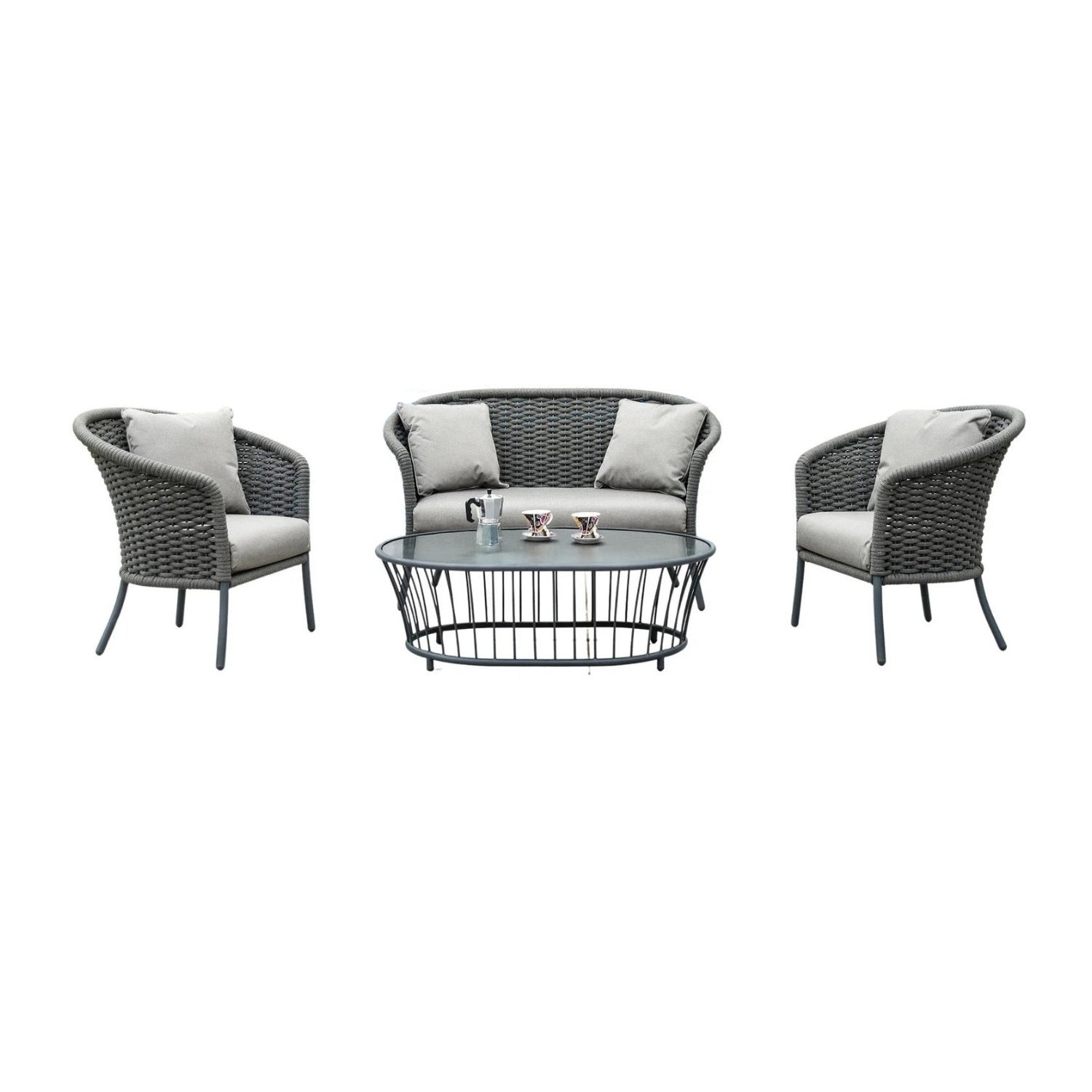 Outdoor Grey Rope 4 Piece Patio Sofa Set with Light Grey Cushions