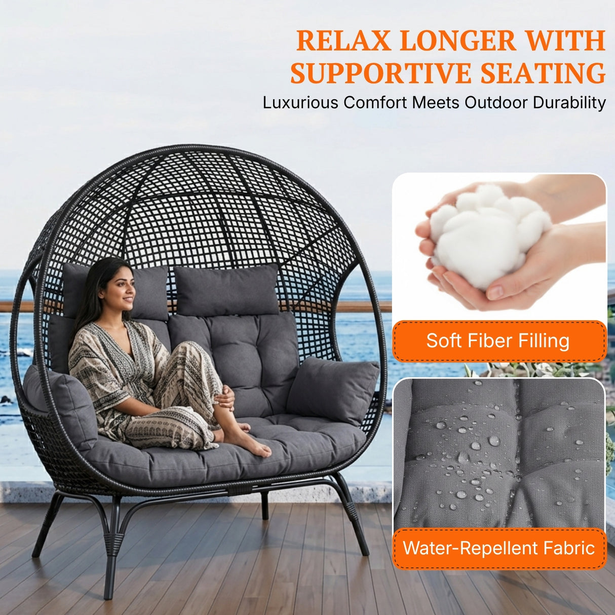 Outdoor Rattan Wicker Double Seater Egg Chair (Black & Dark Grey)