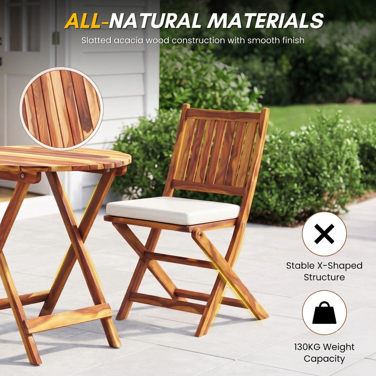 Acacia Wood Foldable Outdoor Bistro Set – 2 Chairs & Round Table