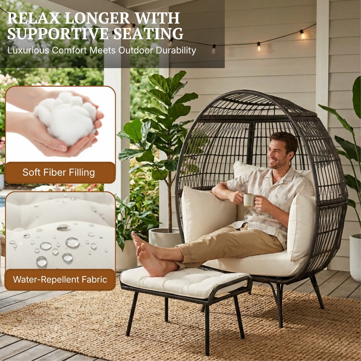 Outdoor Wicker Egg Chair with Ottoman (Black & Off-White)