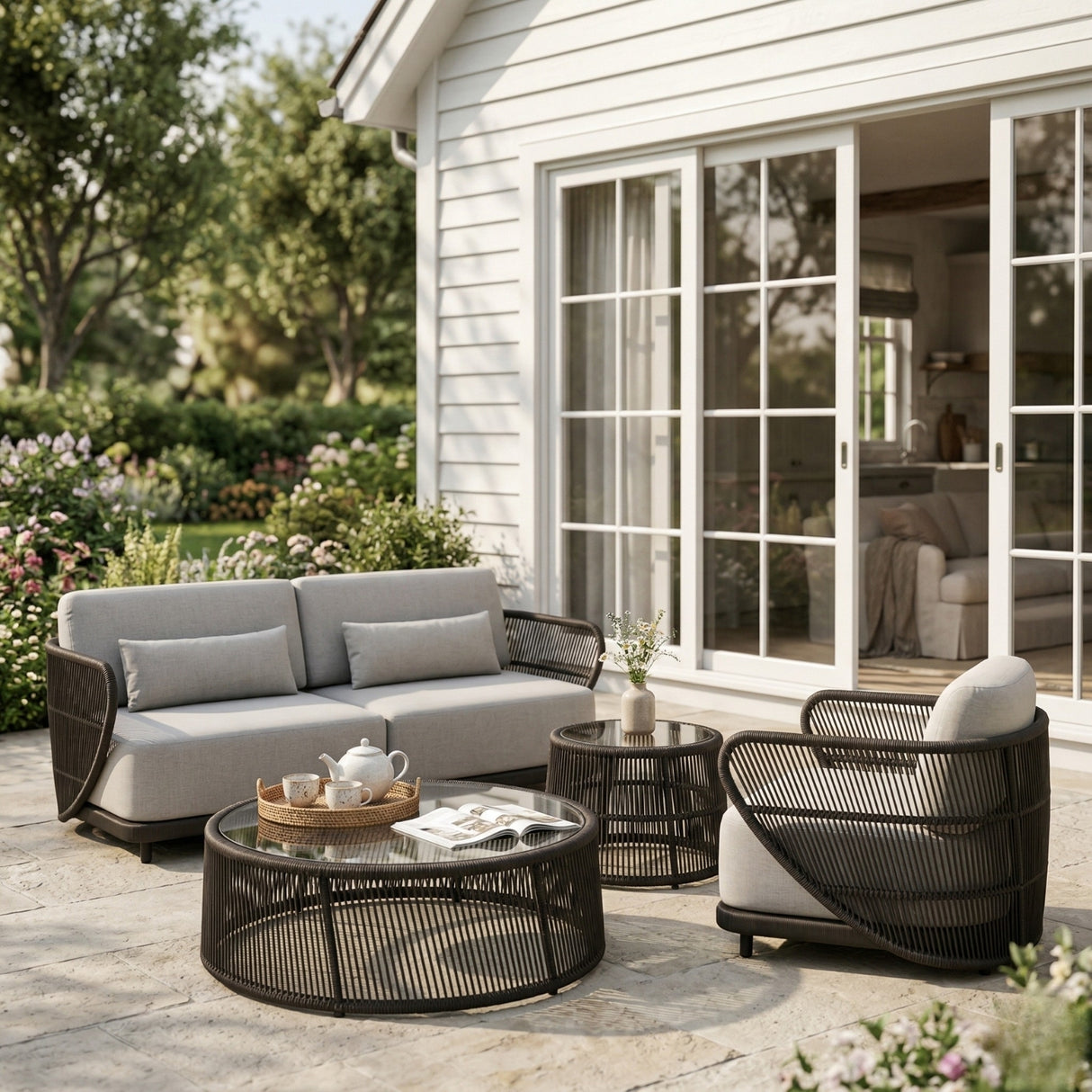 Outdoor Rope 4 Seater Sofa Set With Glass Top Tables