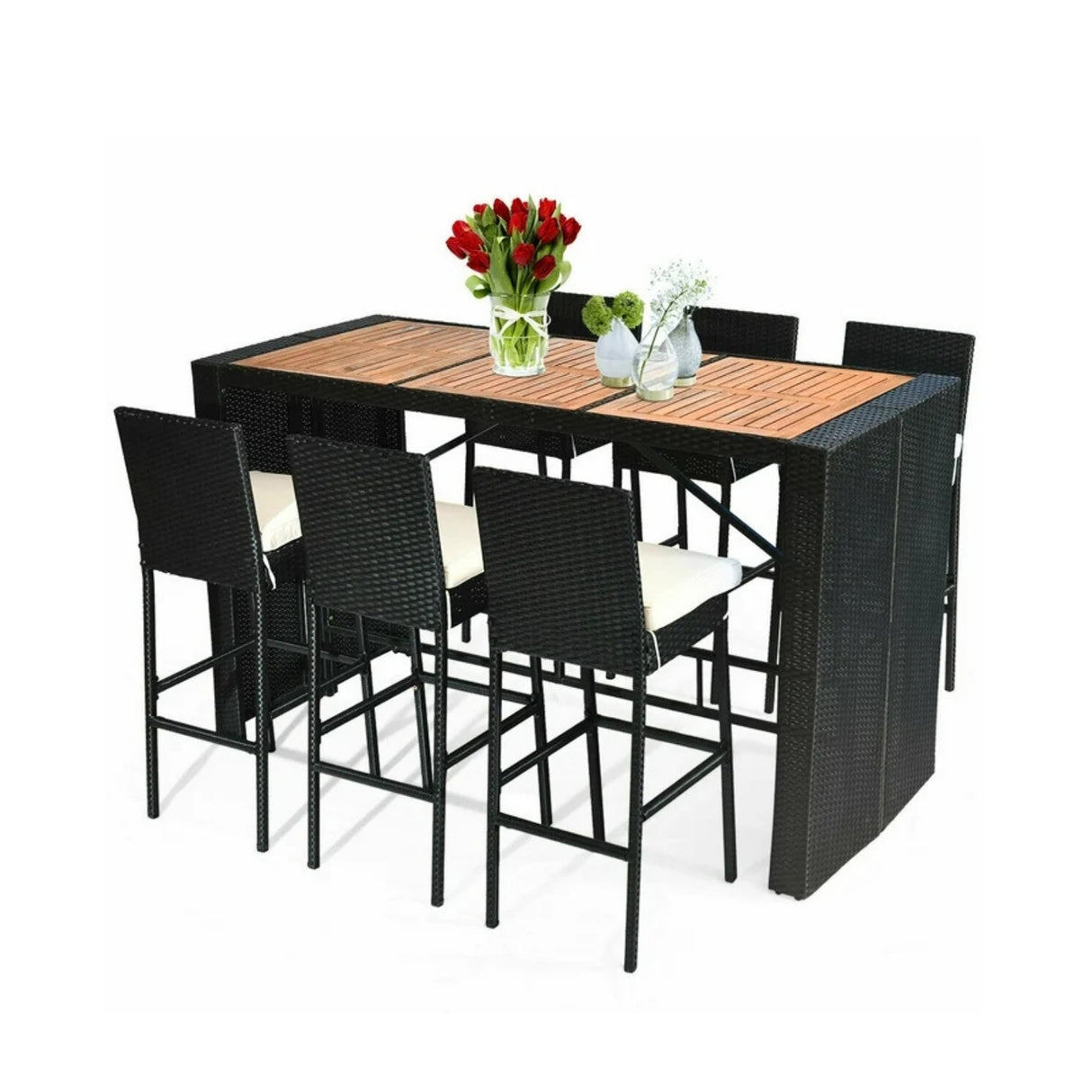 7-Piece Outdoor Rattan Wicker Bar Set with Wooden Top Table