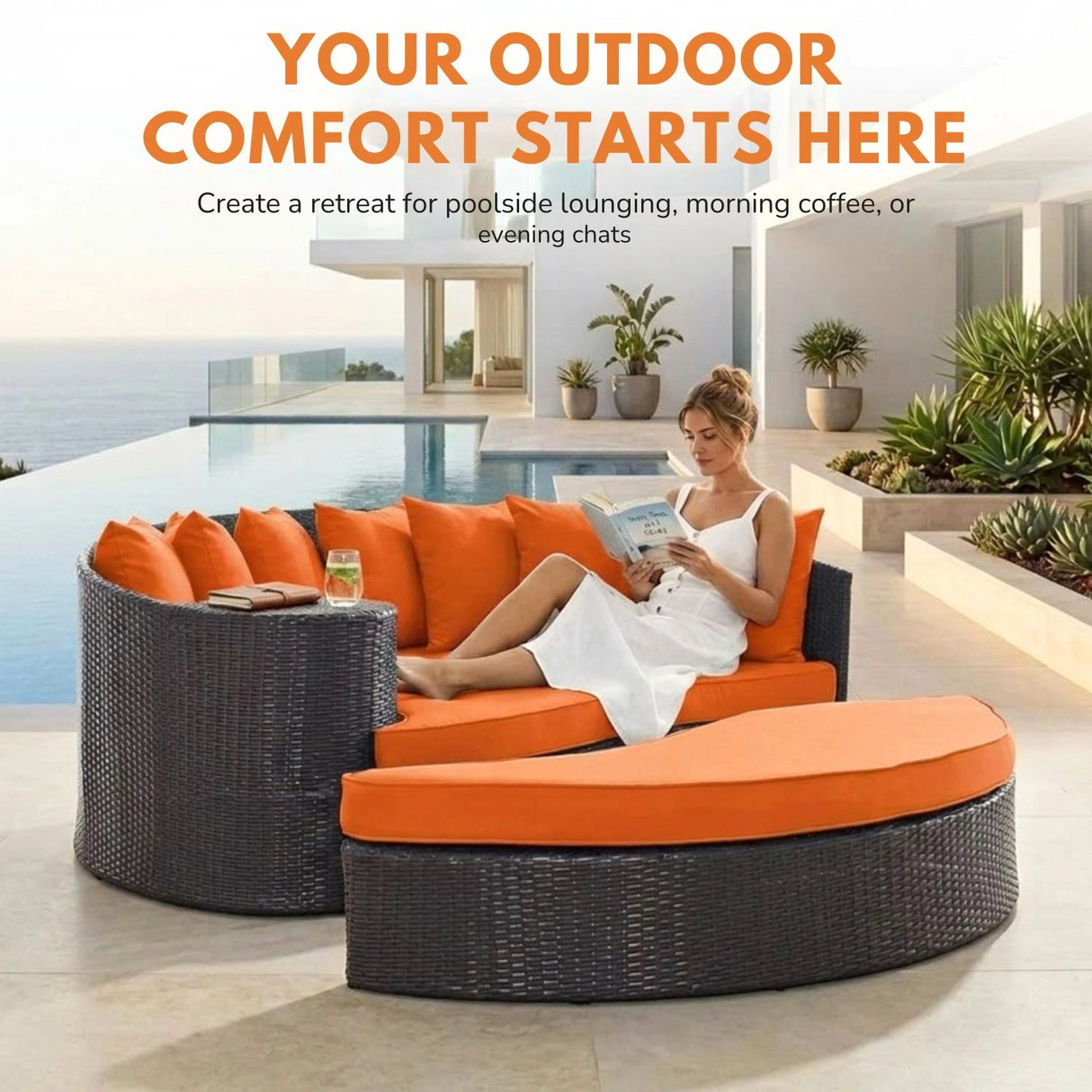 Outdoor Rattan Wicker Daybed (Dark Brown & Orange)