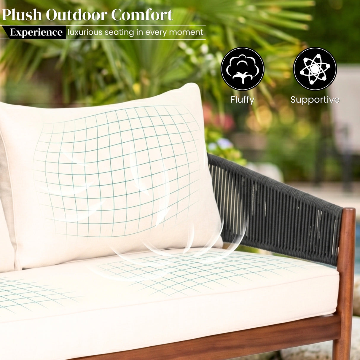 Outdoor Rope Sofa Set with Round Slatted Coffee Table (Black & Off-White)