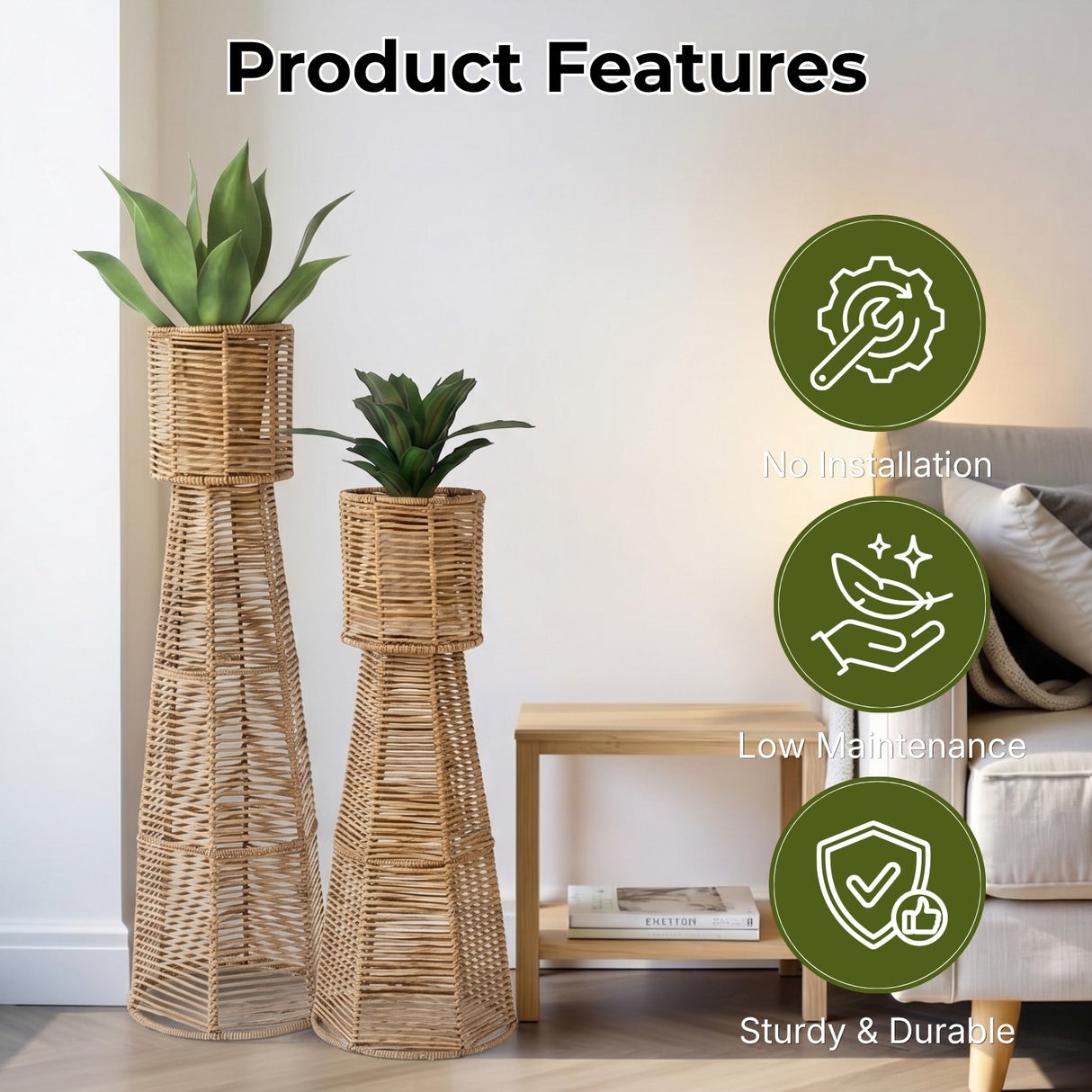 Outdoor Wicker Planter Stand Set of 2 (Beige)