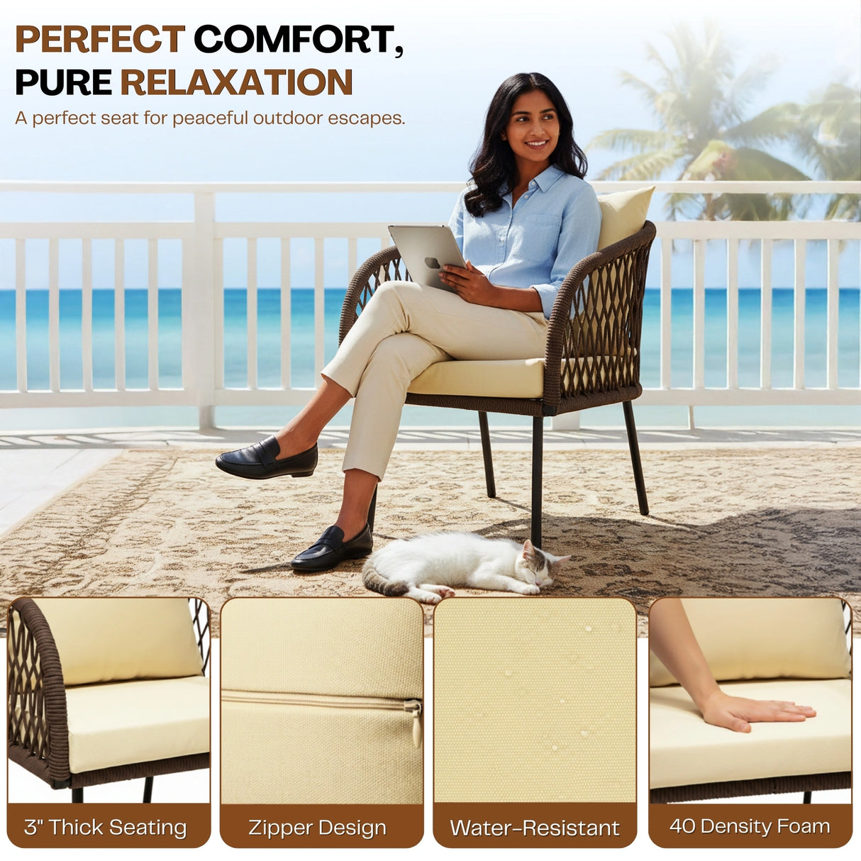 Outdoor Rope 4-Seater Sofa Set with Glass Top Table (Brown & Cream)