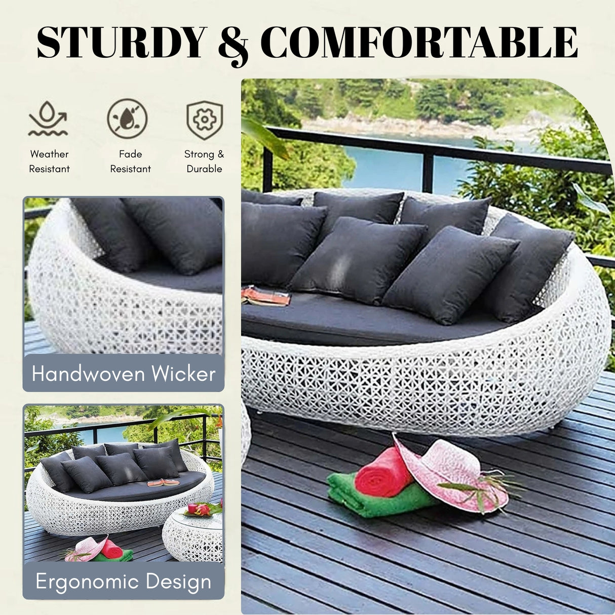 Outdoor White Rattan Wicker Daybed with Glass Top Table